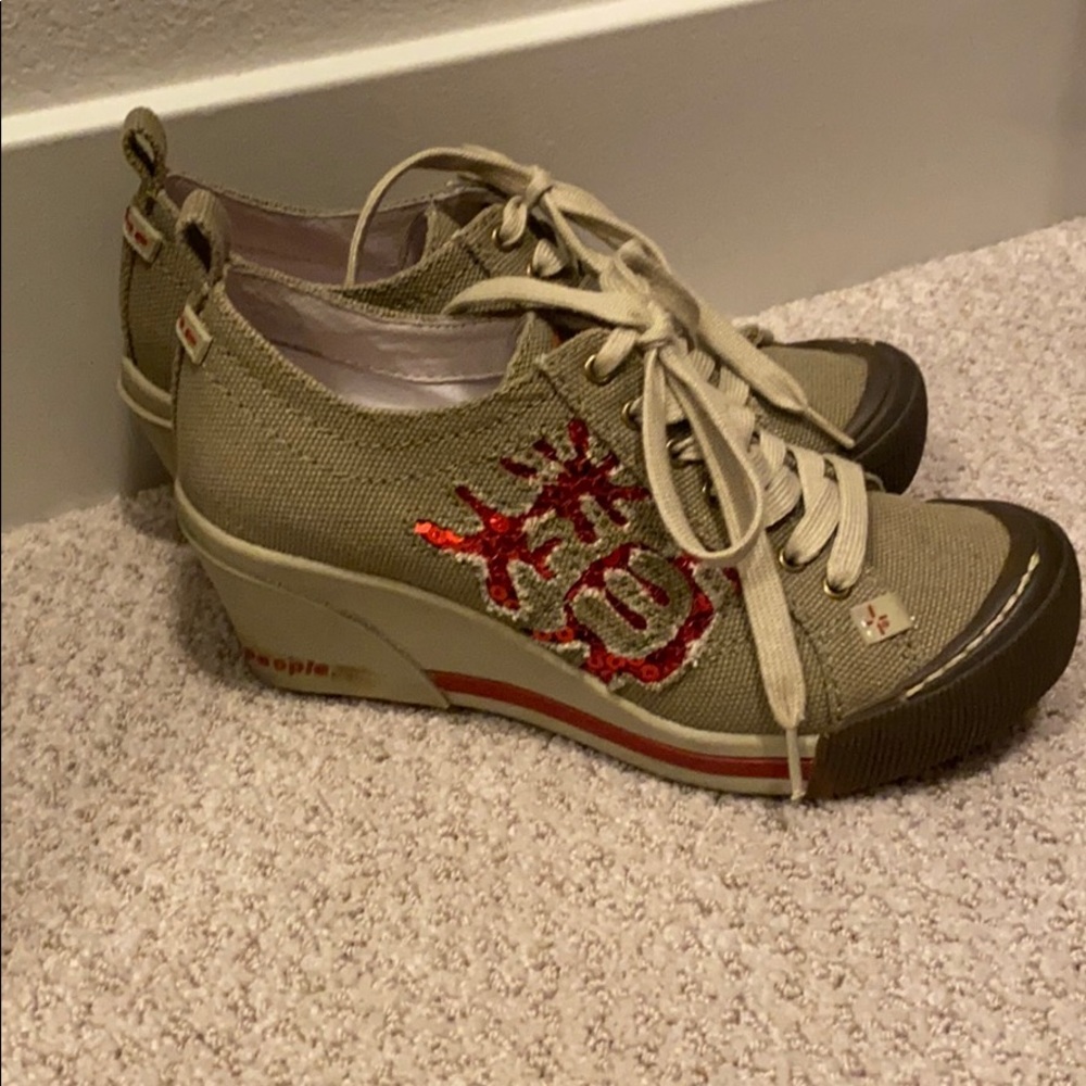 Canvas Platform Sneakers with Red Sequin Accent